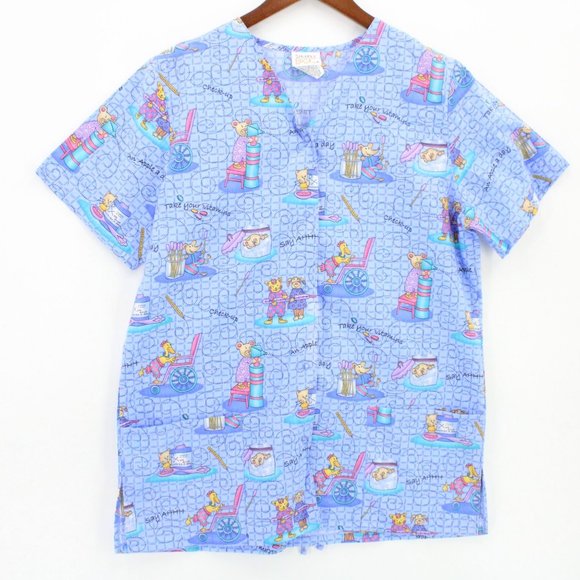 Simply Basic Scrub Top Womens Blue Cartoon All Over Print V Neck Size Small S - Picture 1 of 9